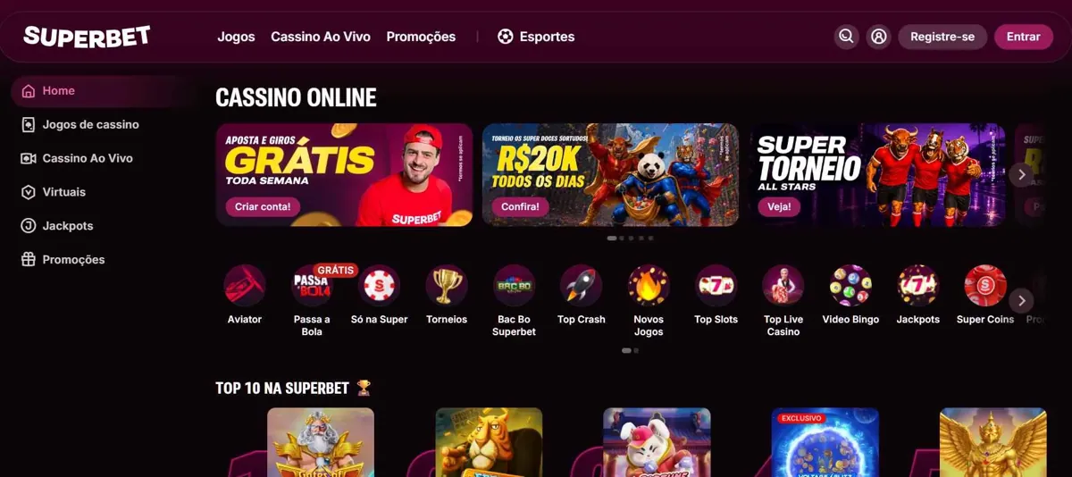 Lobby de cassino online da Superbet com caça-níqueis e promoções em destaque